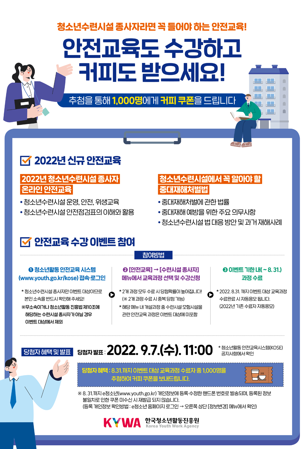 청소년수련시설 종사자라면 꼭 들어야 하는 안전교육! 안전교육도 수강하고 커피도 받으세요! 추첨을 통해 1,000명에게 커피 쿠폰을 드립니다. 상세내용은 게시글 확인바랍니다.
