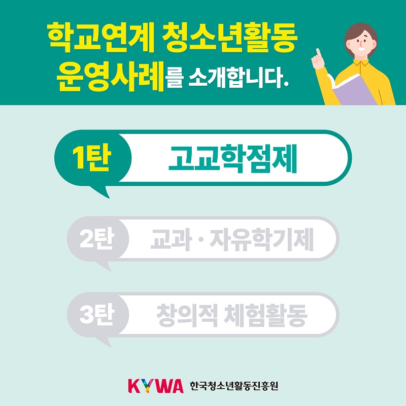 학교연계 청소년활동 운영사례를 소개합니다. 1탄 고교학점제 2탄 교과 · 자율학기제 3탄 창의적 체험활동 KYWA 한국청소년활동진흥원