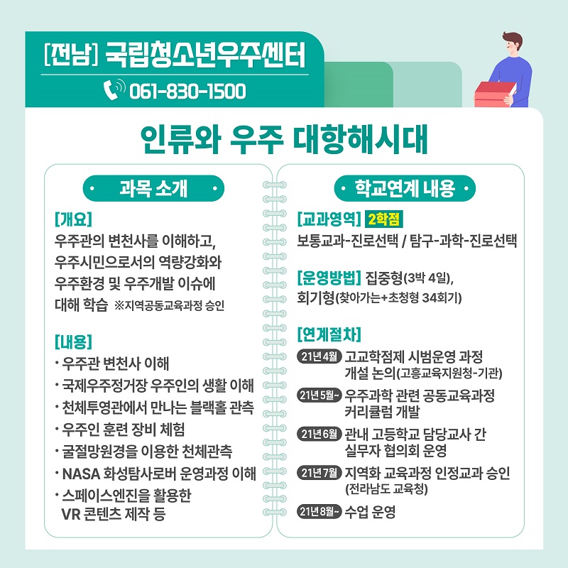 [전남] 국립청소년우주센터 ☏ 061-830-1500 인류와 우주 대항해시대 · 과목 소개 · [개요] 우주관의 변천사를 이해하고, 우주시민으로서의 역량강화와 우주환경 및 우주개발 이슈에 대해 학습 ※지역공동교육과정 승인 [내용] · 우주관 변천사 이해  · 국제우주정거장 우주인의 생활 이해 · 천체투영관에서 만나는 블랙홀 관측 · 우주인 훈련 장비 체험 · 굴절망원경을 이용한 천체관측 · NASA 화성탐사로버 운영과정 이해 · 스페이스엔진을 활용한 VR 콘텐츠 제작 등   · 학교연계 내용 ·  [교과영역] 2학점 보통교과-진로선택 / 탐구-과학-진로선택 [운영방법] 집중형(3박 4일), 회기형(찾아가는+초청형 34회기) [연계절차] 21년 4월 고교학점제 시범운영 과정 개설 논의(고흥교육지원청-기관) 21년 5월~ 우주과학 관련 공동교육과정 커리큘럼 개발 21년 6월 관내 고등학교 담당교사 간 실무자 협의회 운영 21년 7월 지역화 교육과정 인정교과 승인 (전라남도 교육청) 21년 8월~ 수업 운영