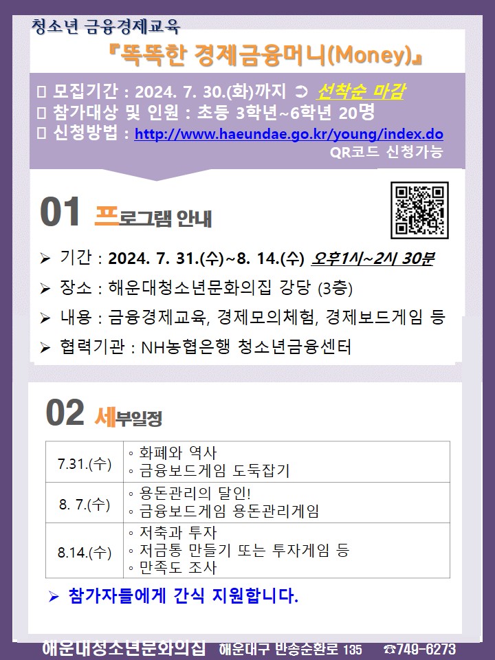 2024년 해운대청소년문화의집 청소년 경제교육 『똑똑한 경제금융 머니(Money)』