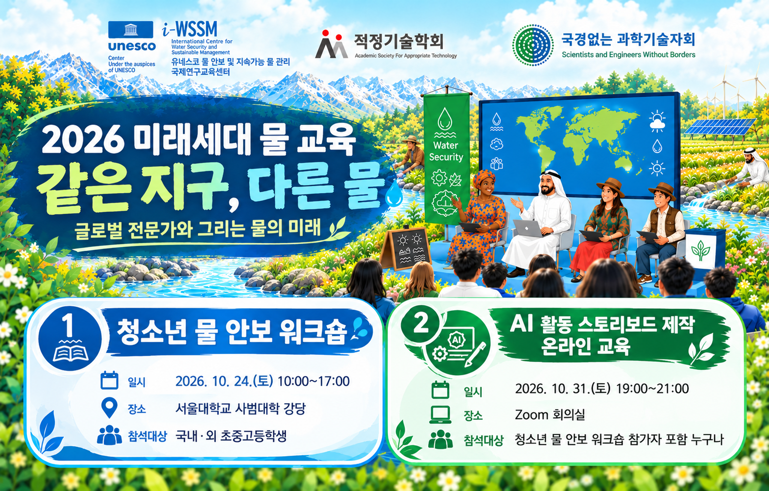 유네스코 로고 유네스코 물 안보 및 지속가능 물 관리 국제연구교육센터 로고 적정기술학회 로고 국경없는과학기술자회 로고 2026 미래세대 물 교육 같은 지구, 다른 물 글로벌 전문가와 그리는 물의 미래 1. 청소년 물 안보 워크숍 2026. 10.24.(토) 10:00~17:00 서울대학교 사범대학 강당 국내 · 외 초증고등학생 2. AI 활용 스토리보드 제작 온라인 교육 2026.10.31.(토) 19:00~21:00 Zoom 회의실 청소년 물 안보 워크숍 참가자 포함 누구나