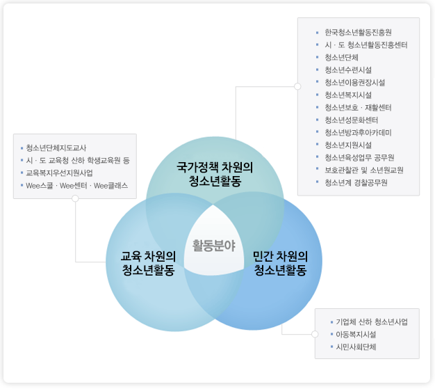 활동분야
 [1]국가정책 차원의 청소년활동 ㆍ한국청소년활동진흥원 ㆍ시ㆍ도 청소년활동진흥센터 ㆍ청소년단체 ㆍ청소년수련시설 ㆍ청소년이용권장시설 ㆍ청소년복지시설 ㆍ청소년보호ㆍ재활센터 ㆍ청소년성문화센터 ㆍ청소년방과후아카데미 ㆍ청소년지원시설 ㆍ청소년육성업무 공무원 ㆍ보호관찰관 및 소년원교원 ㆍ청소년계 경찰공무원
 [2]교육차원의 청소년활동 ㆍ청소년단체지도교사 ㆍ시ㆍ도 교육청 산하 학생교육원 등 ㆍ교육복지우선지원사업 ㆍWee스쿨ㆍWee센터ㆍWee클래스
 [3]-민간 차원의 청소년활동 ㆍ기업체 산하 청소년사업 ㆍ아동복지시설 ㆍ시민사회단체
